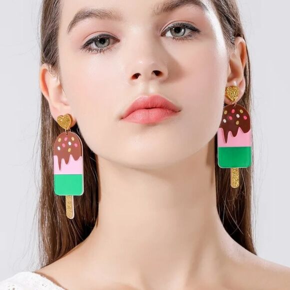 Pink &‎ Green Ice Cream Stick Earrings Gold Accents - Picture 2 of 6